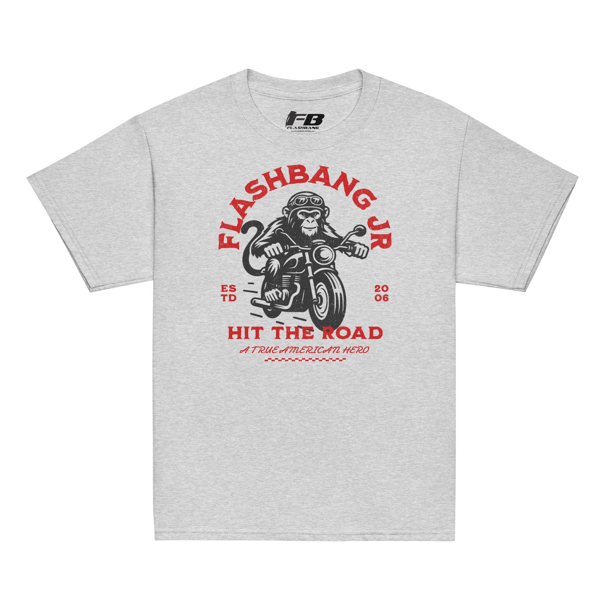 Gray t-shirt with a graphic design of a monkey on a motorcycle and text on a white background