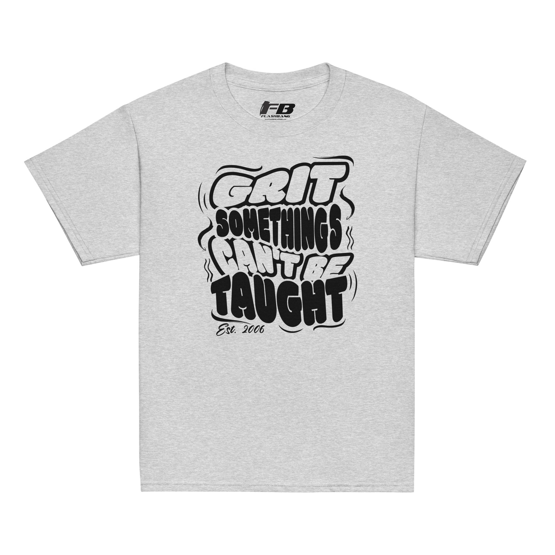 Gray t-shirt with black text and logo on a white background