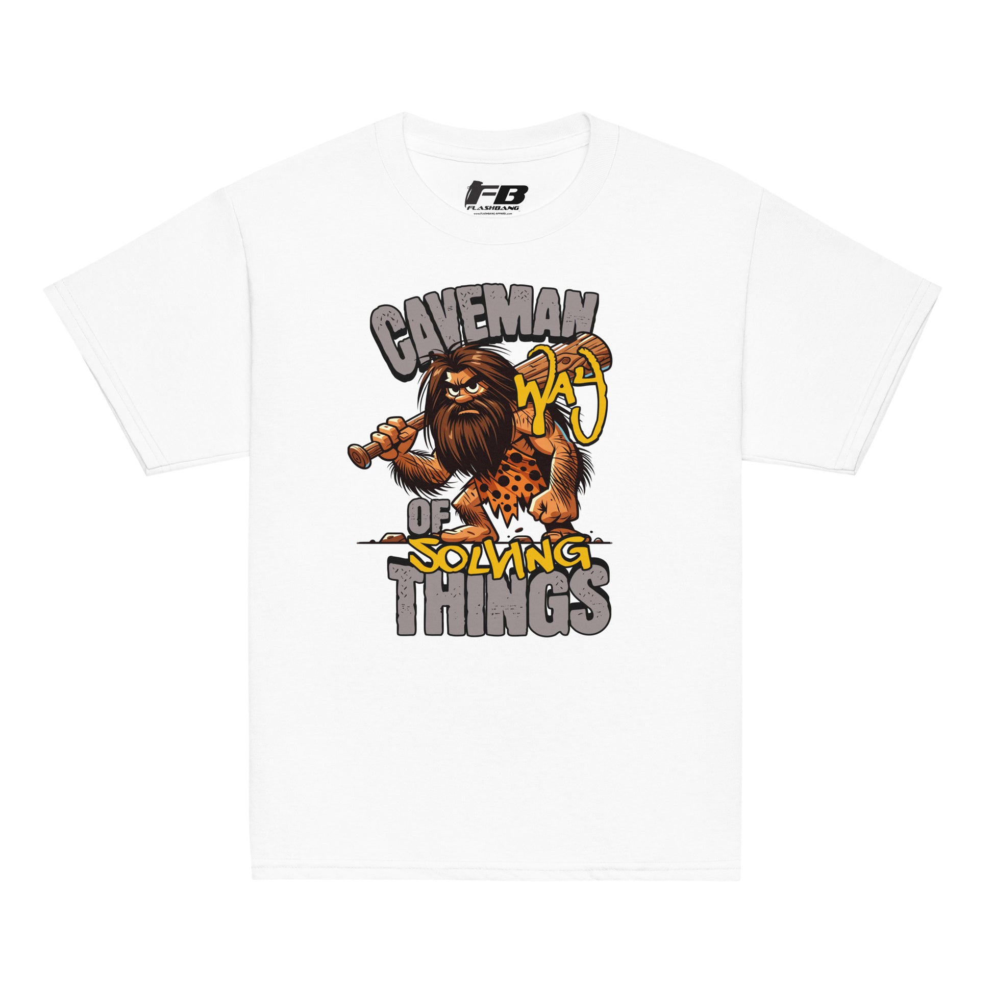 White t-shirt with a cartoon character and text on a white background