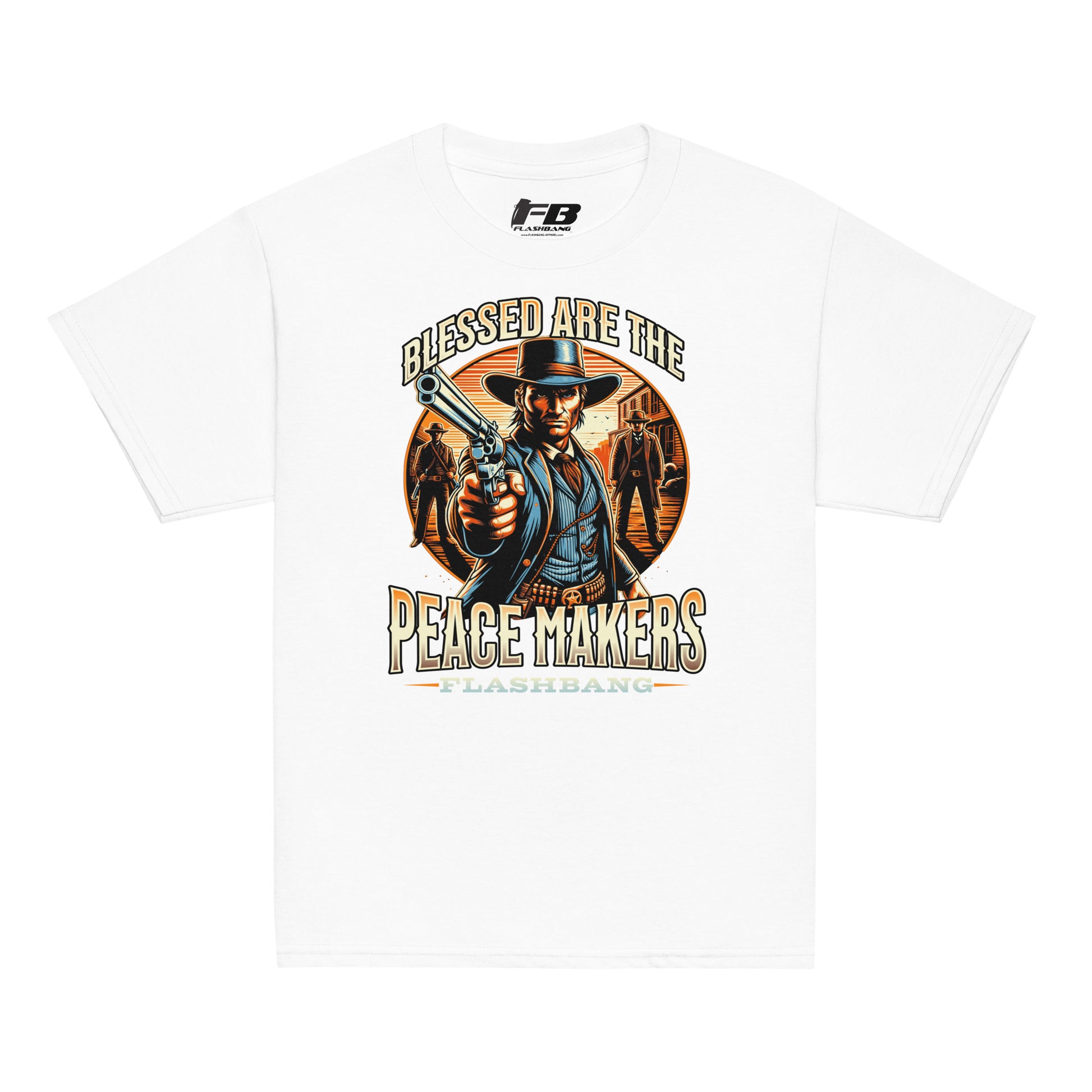 White t-shirt with a graphic design featuring a cowboy and text on a white background