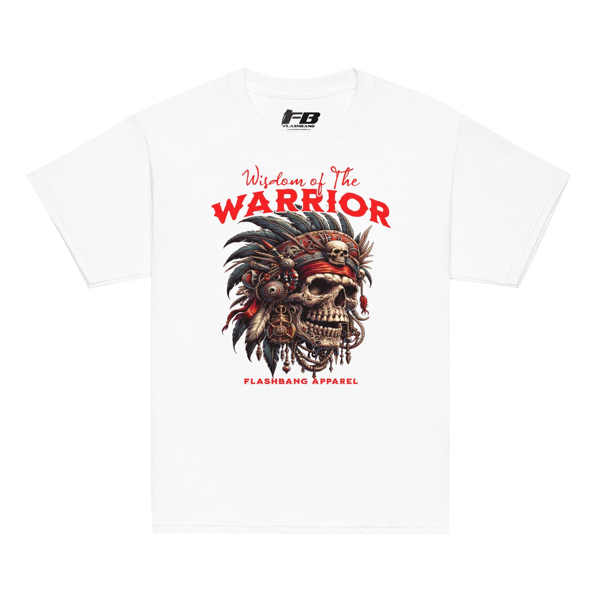 White t-shirt with warrior-themed design and 'Flashbang Apparel' branding on a white background