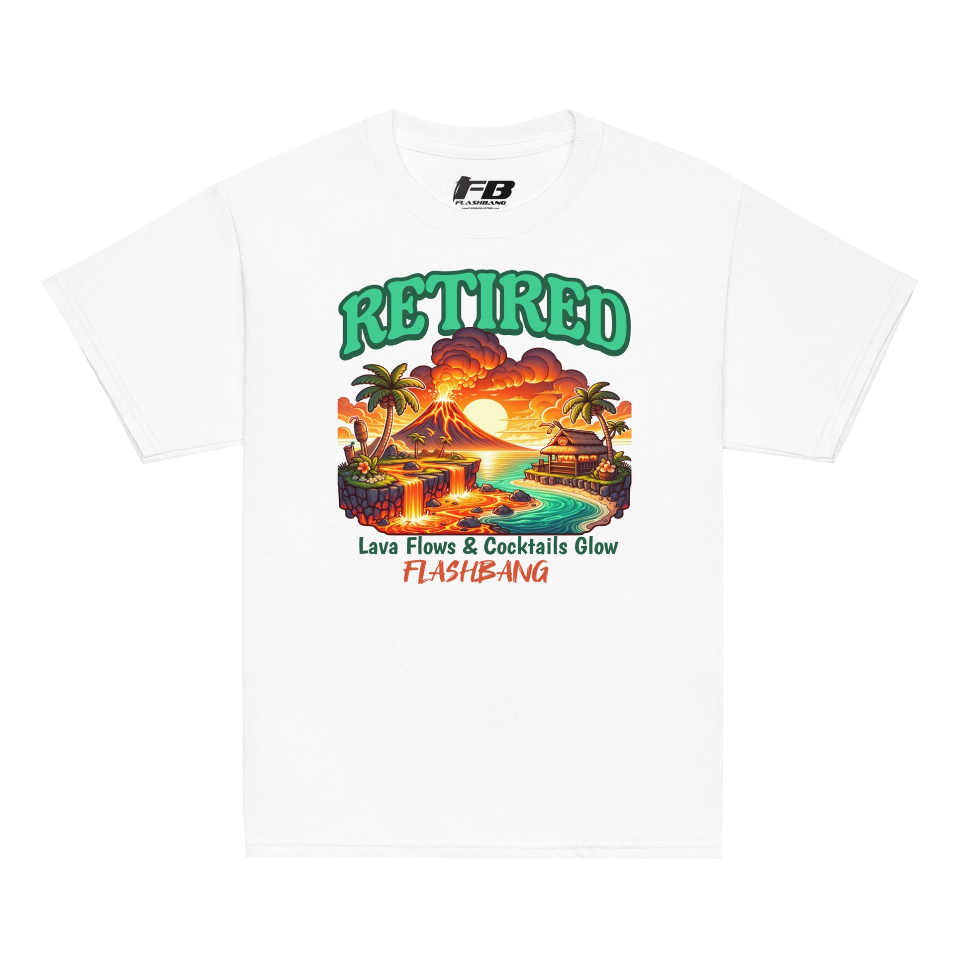 White t-shirt with a colorful graphic design featuring text and a volcano scene on a white background.