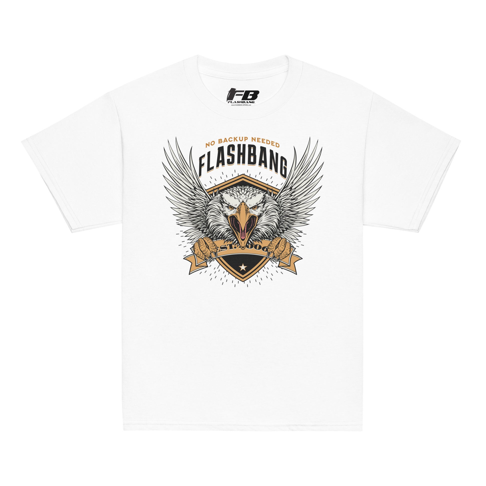 White t-shirt with 'Flashbang' graphic design featuring an eagle and text on a white background