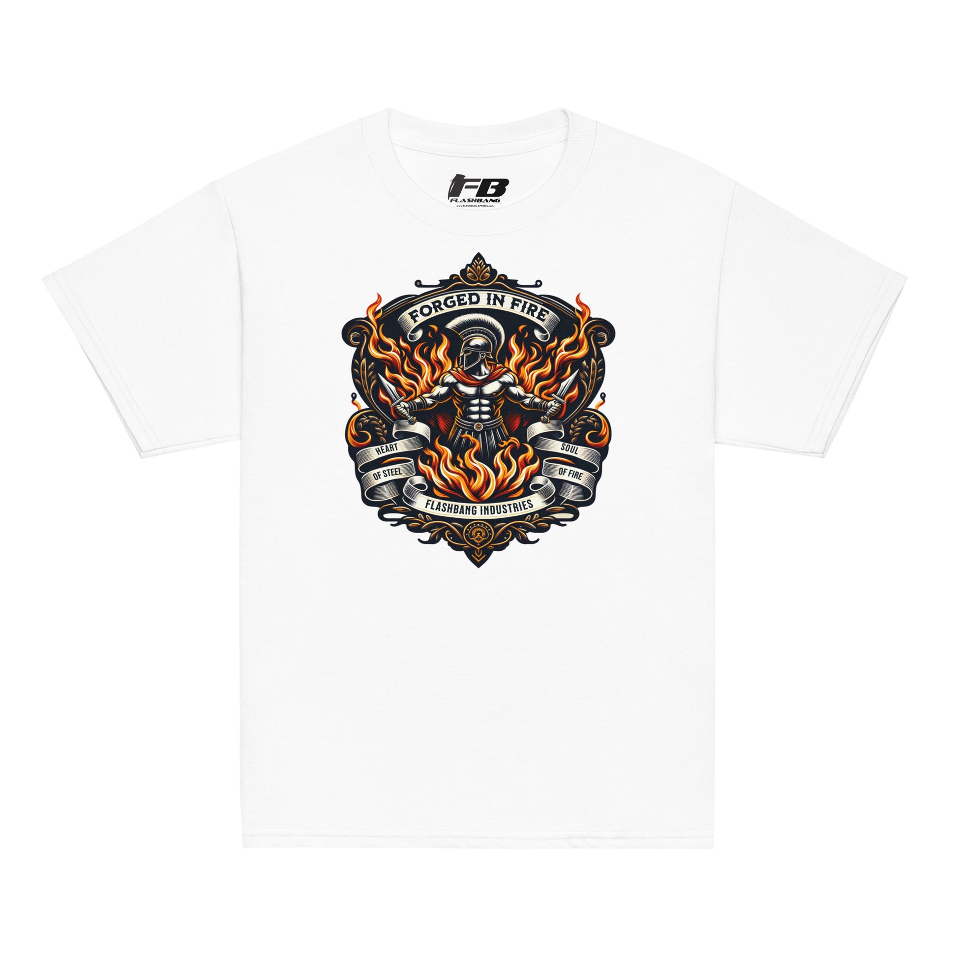 White t-shirt with a graphic design featuring flames and text on a white background