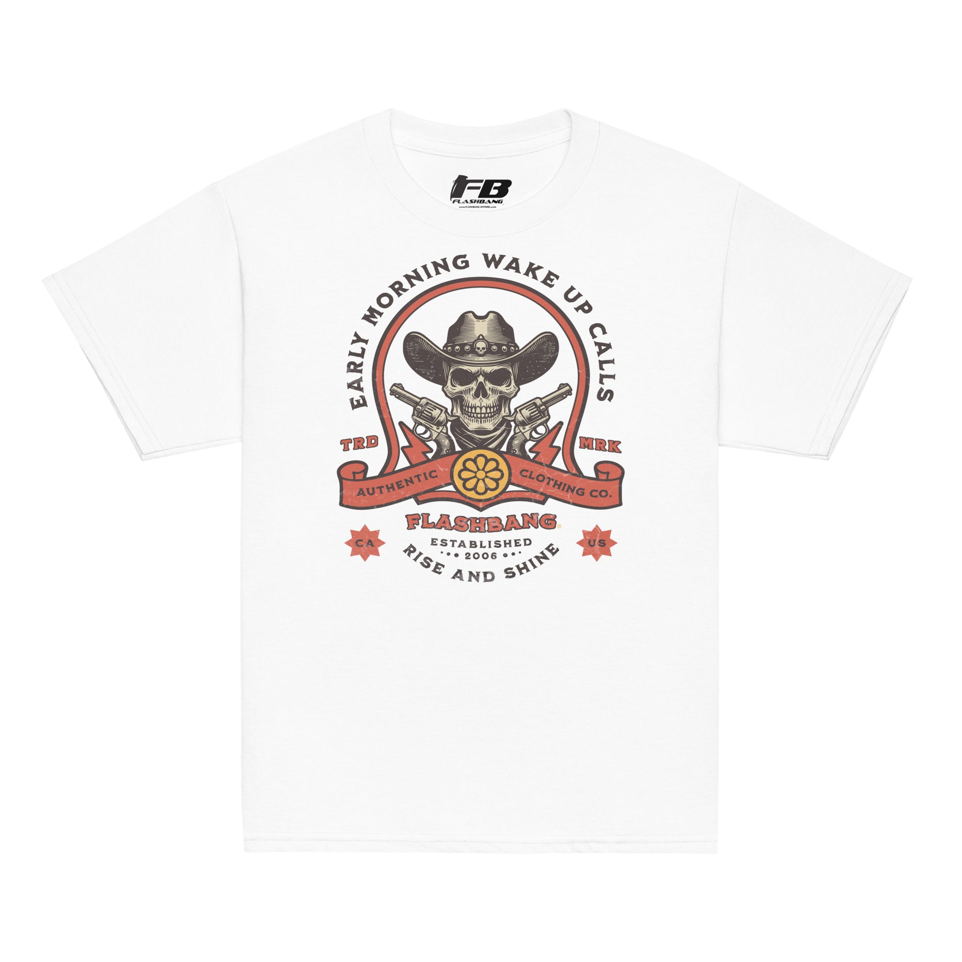 White t-shirt with a graphic design featuring a skull wearing a cowboy hat and text on a white background.