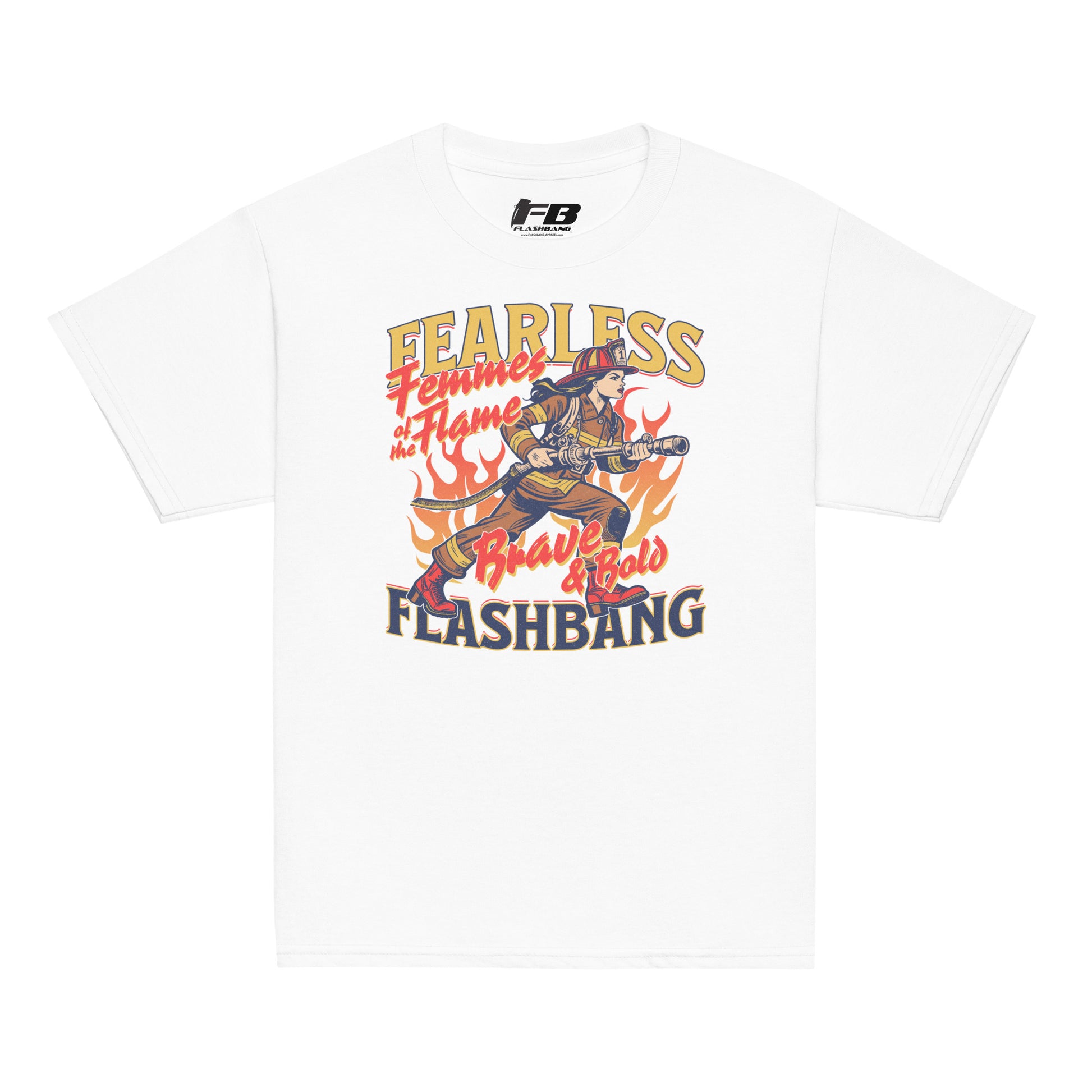 White t-shirt with graphic design featuring a character and text on a white background