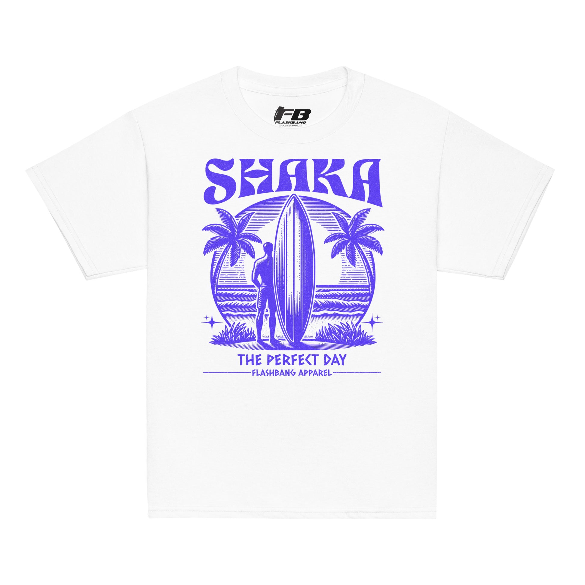 White t-shirt with blue 'SHAKA' graphic design featuring a surfer and palm trees on a white background.