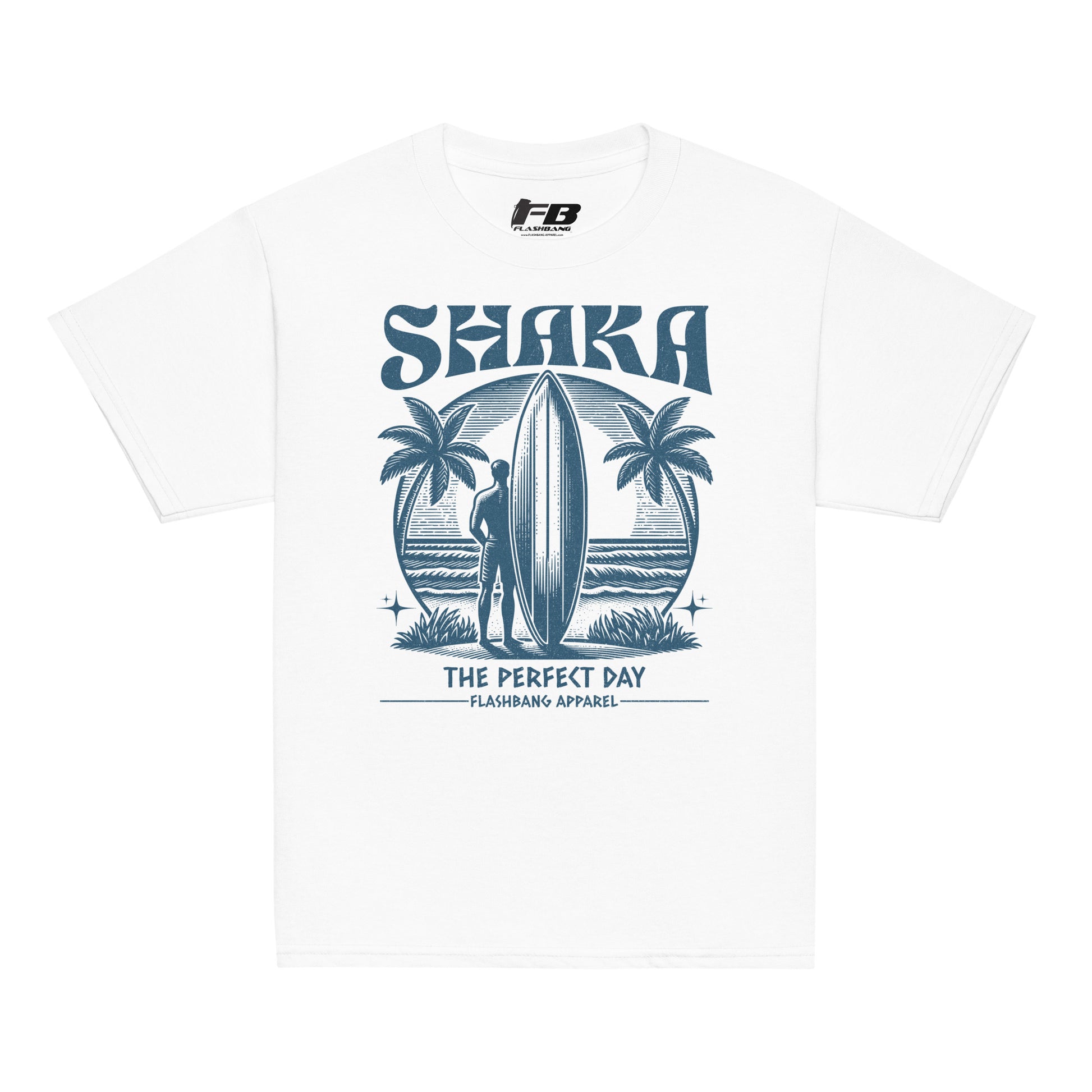 White t-shirt with blue graphic design featuring a surfer and palm trees, labeled 'Shaka The Perfect Day'.