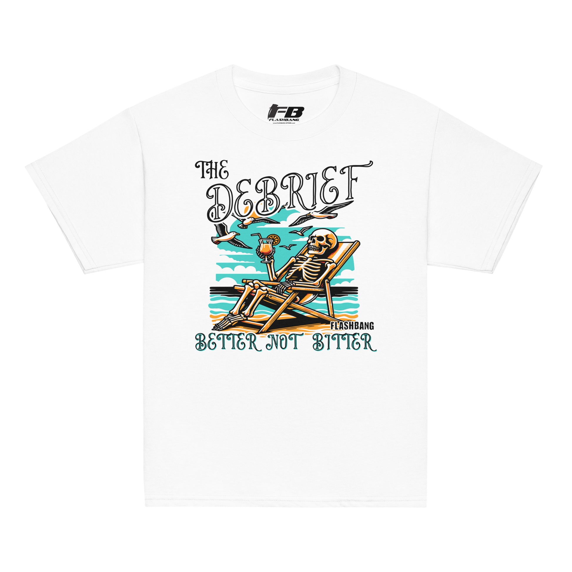 White t-shirt with a skeleton design and text on a white background