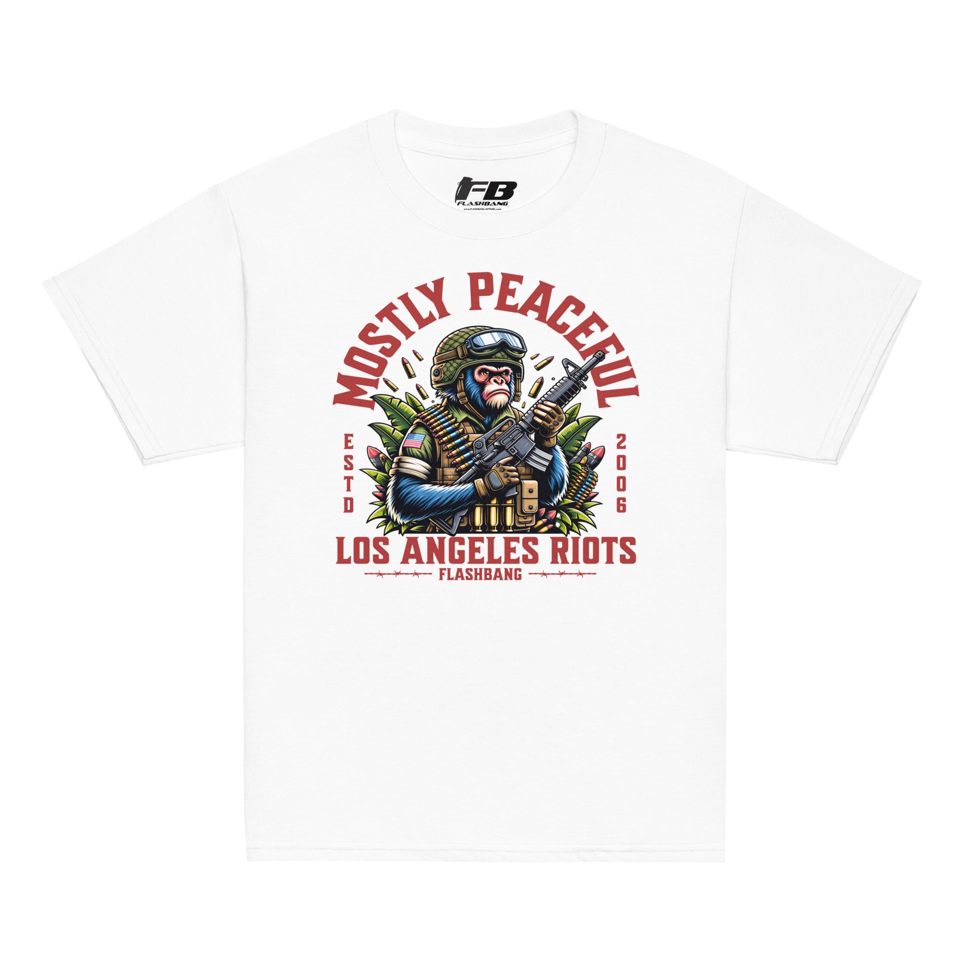 White t-shirt with graphic design featuring a monkey holding a gun and text on a white background