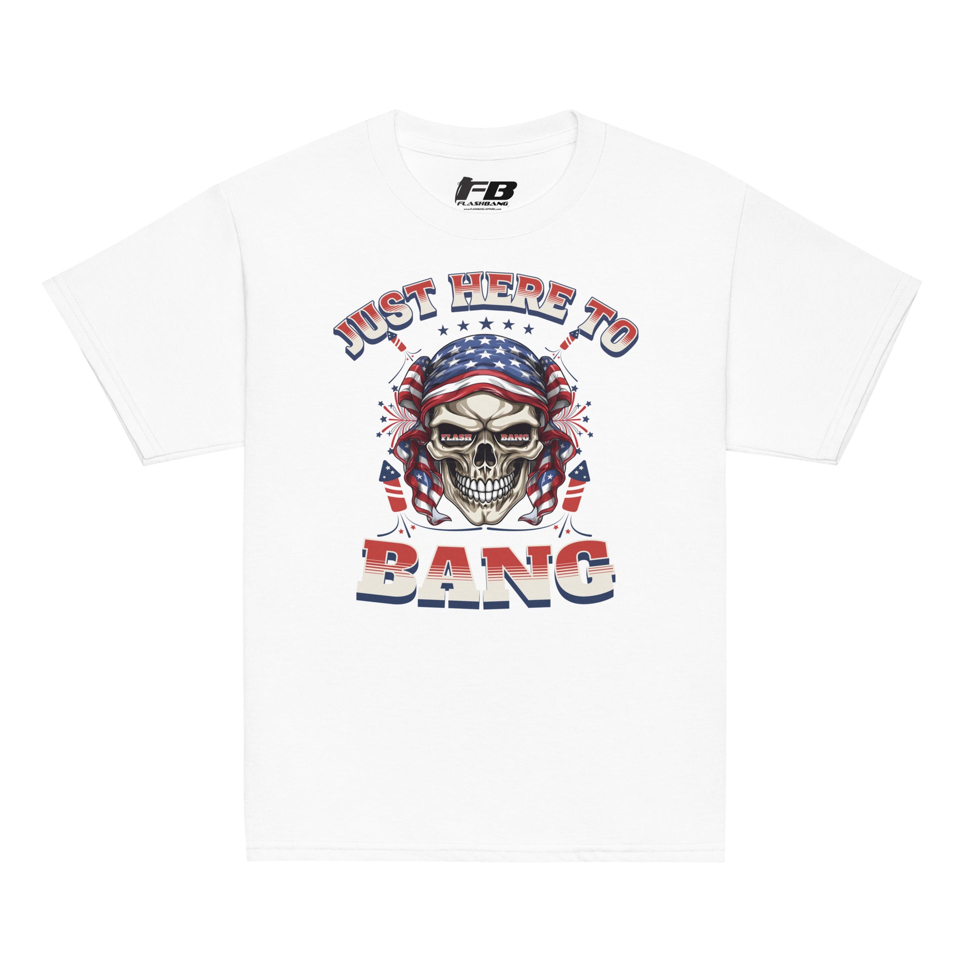 White t-shirt with a skull graphic and text 'Just Here To Bang' on a white background