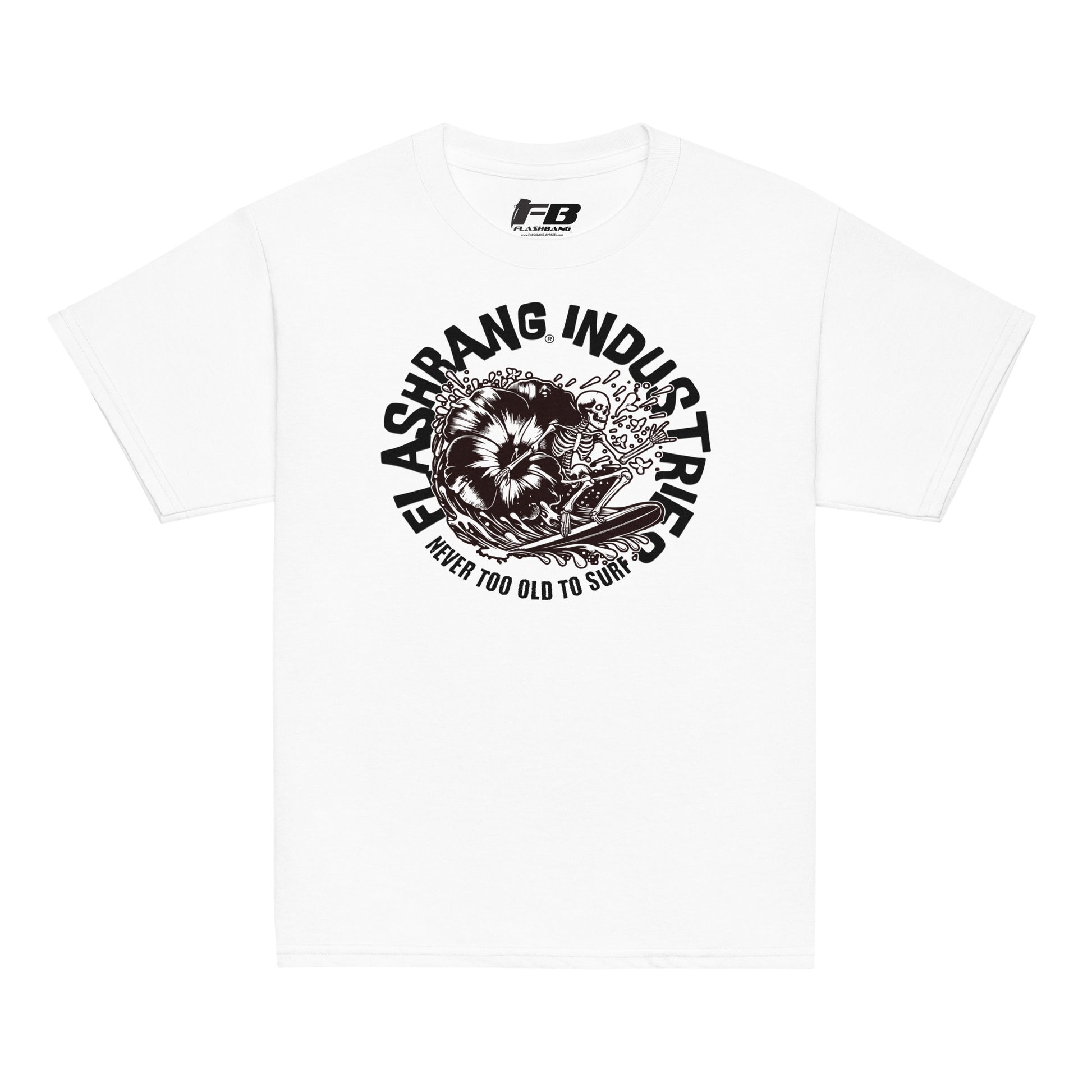 White t-shirt with black graphic design and text on a white background