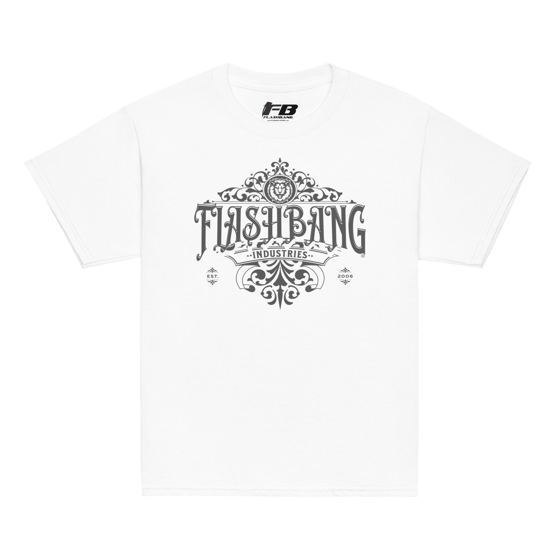 White t-shirt with 'Flashbang Industries' logo on a white background