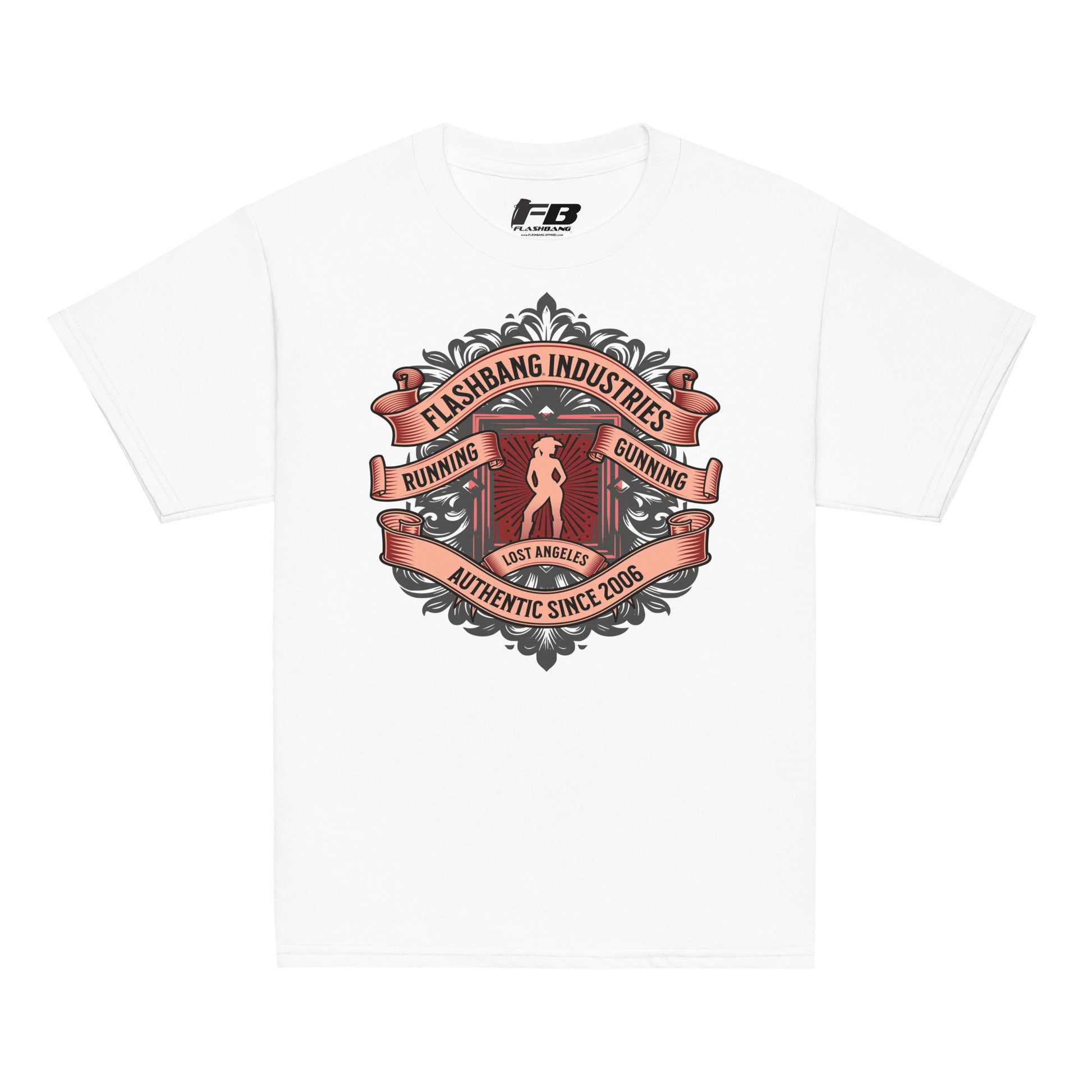 White t-shirt with a graphic design featuring text and a logo on a white background