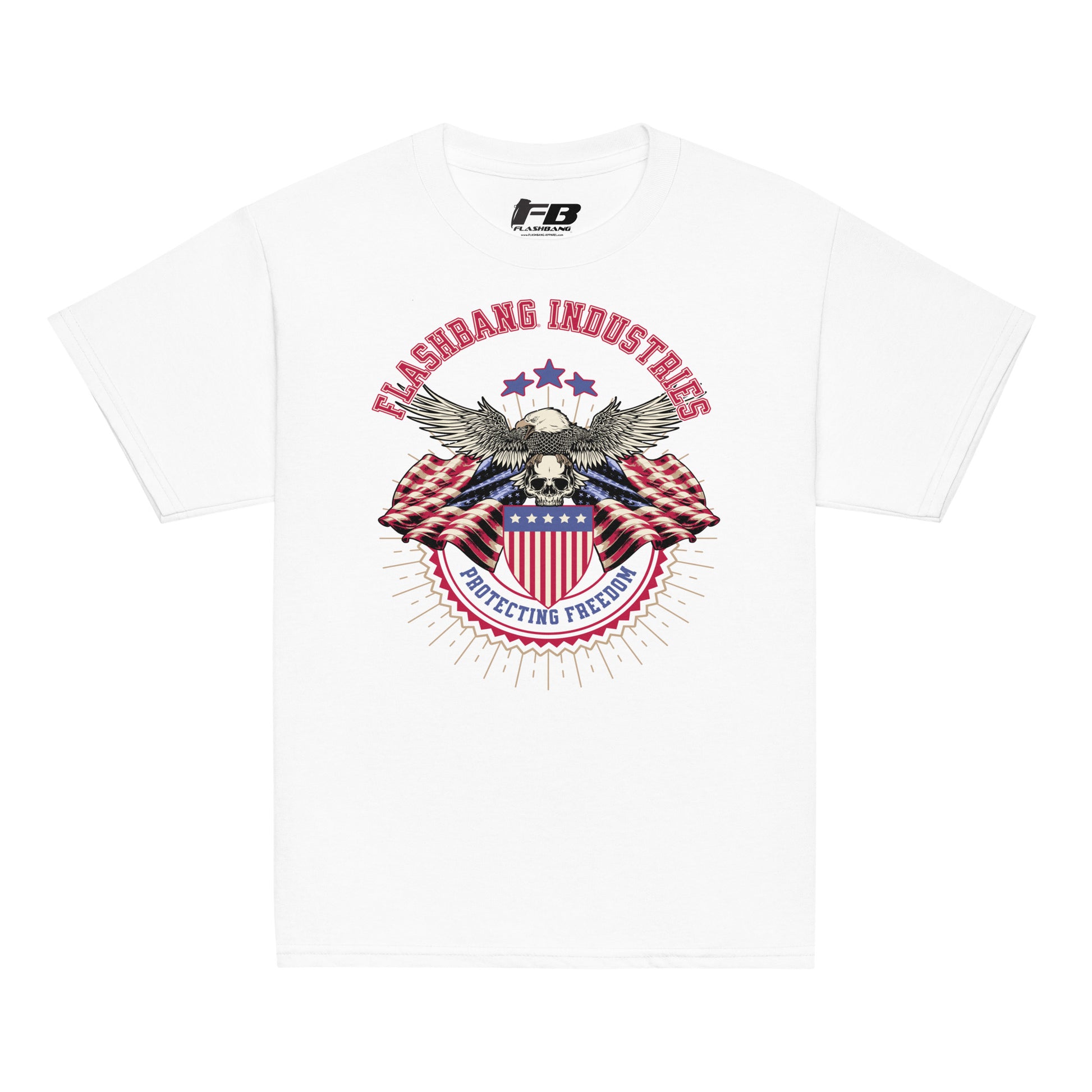 White t-shirt with patriotic graphic and 'Flashbang Industries' text on a white background