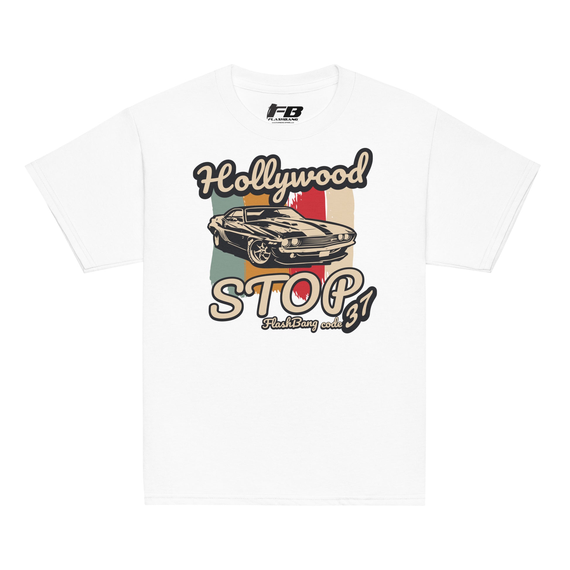 White t-shirt with a graphic design of a car and text on a white background