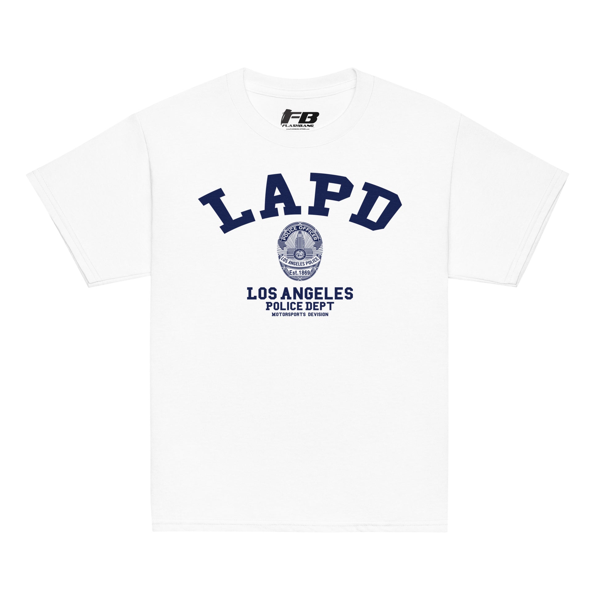 White t-shirt with LAPD Los Angeles Police Dept logo on a white background
