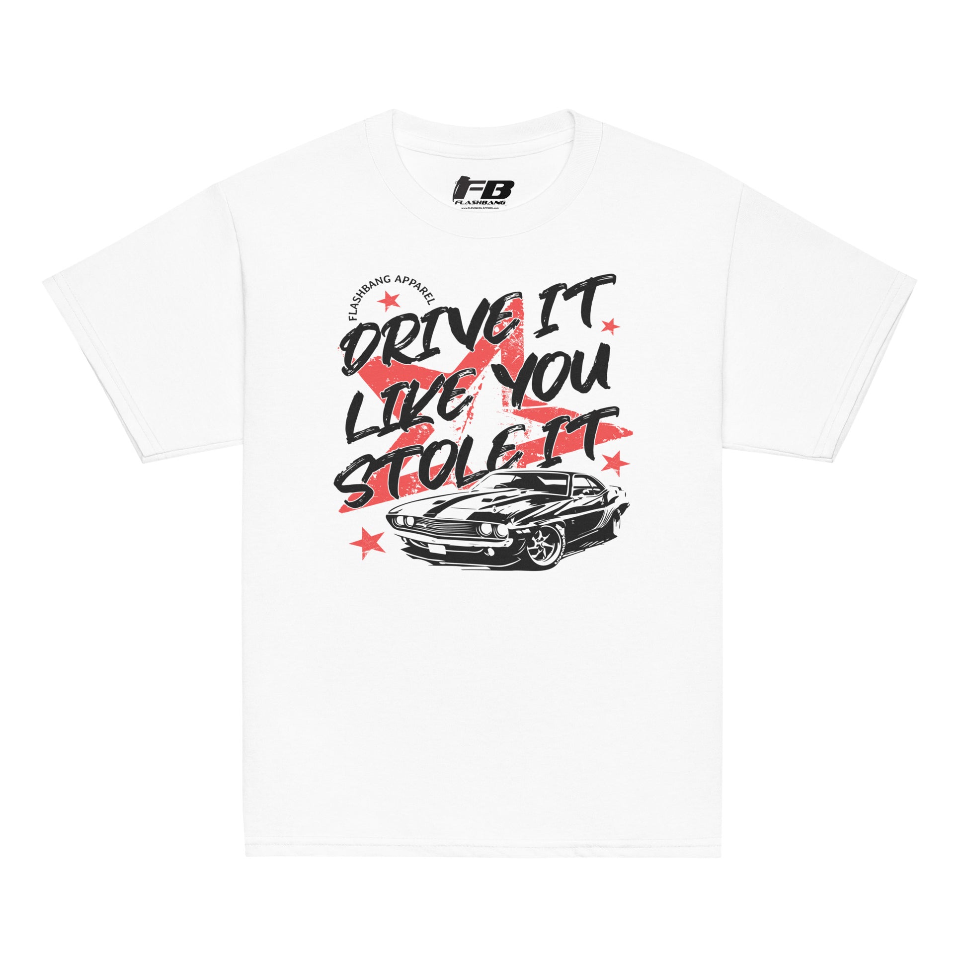 White t-shirt with car graphic and text 'Drive it like you stole it' on a white background