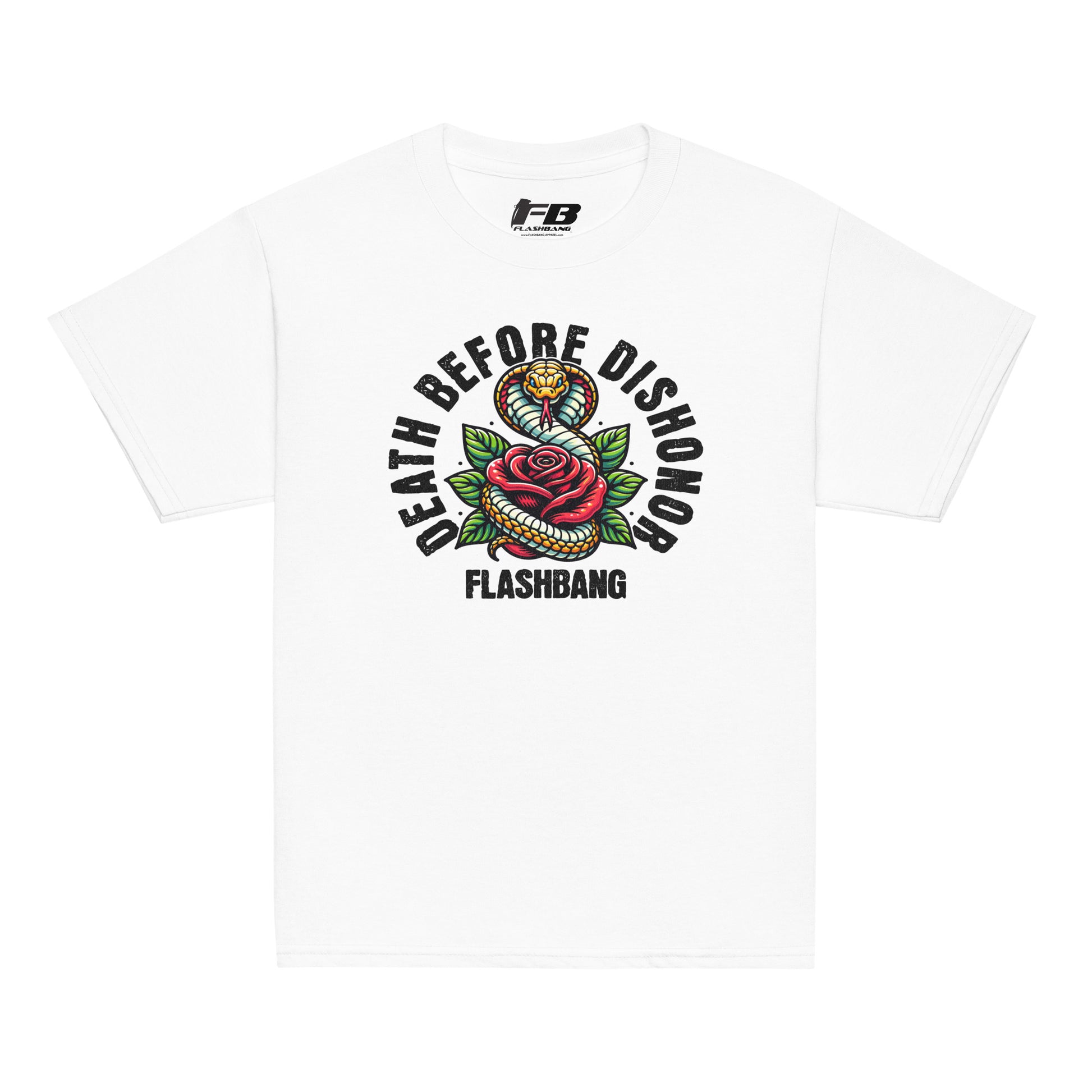 White t-shirt with 'Death Before Dishonor' graphic design on a white background