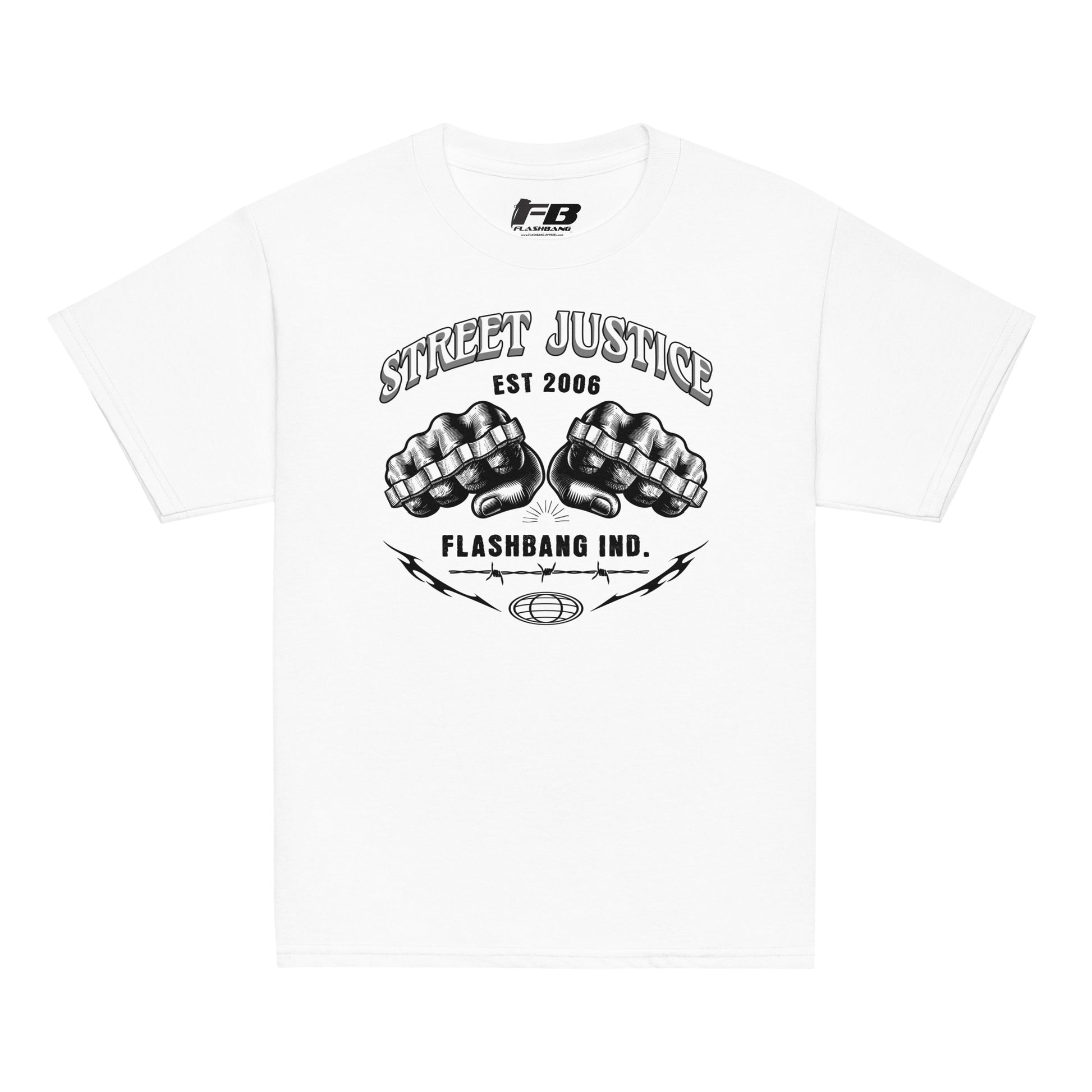 White t-shirt with black graphic design and text on a white background