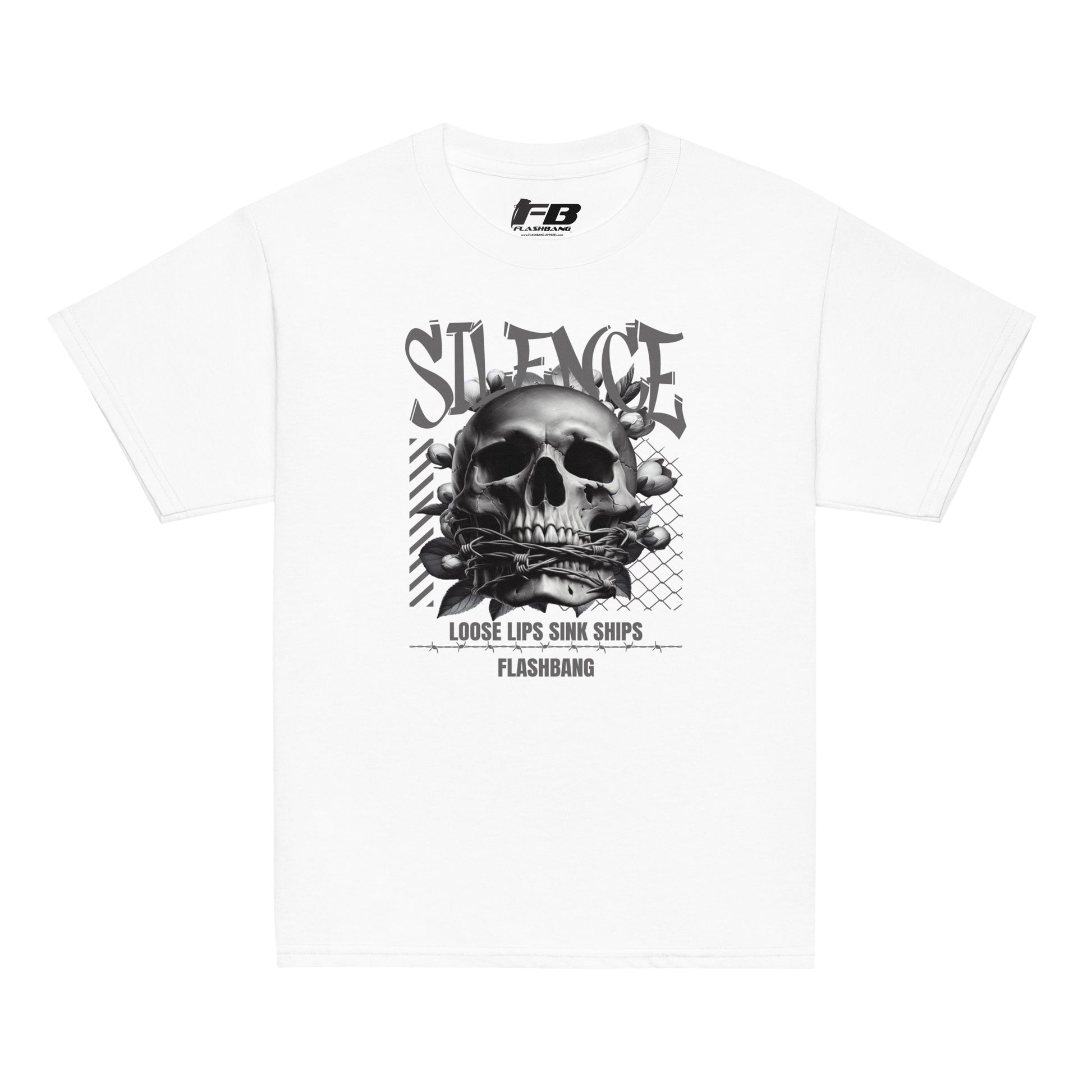 White t-shirt with a graphic design of a skull and text on a white background