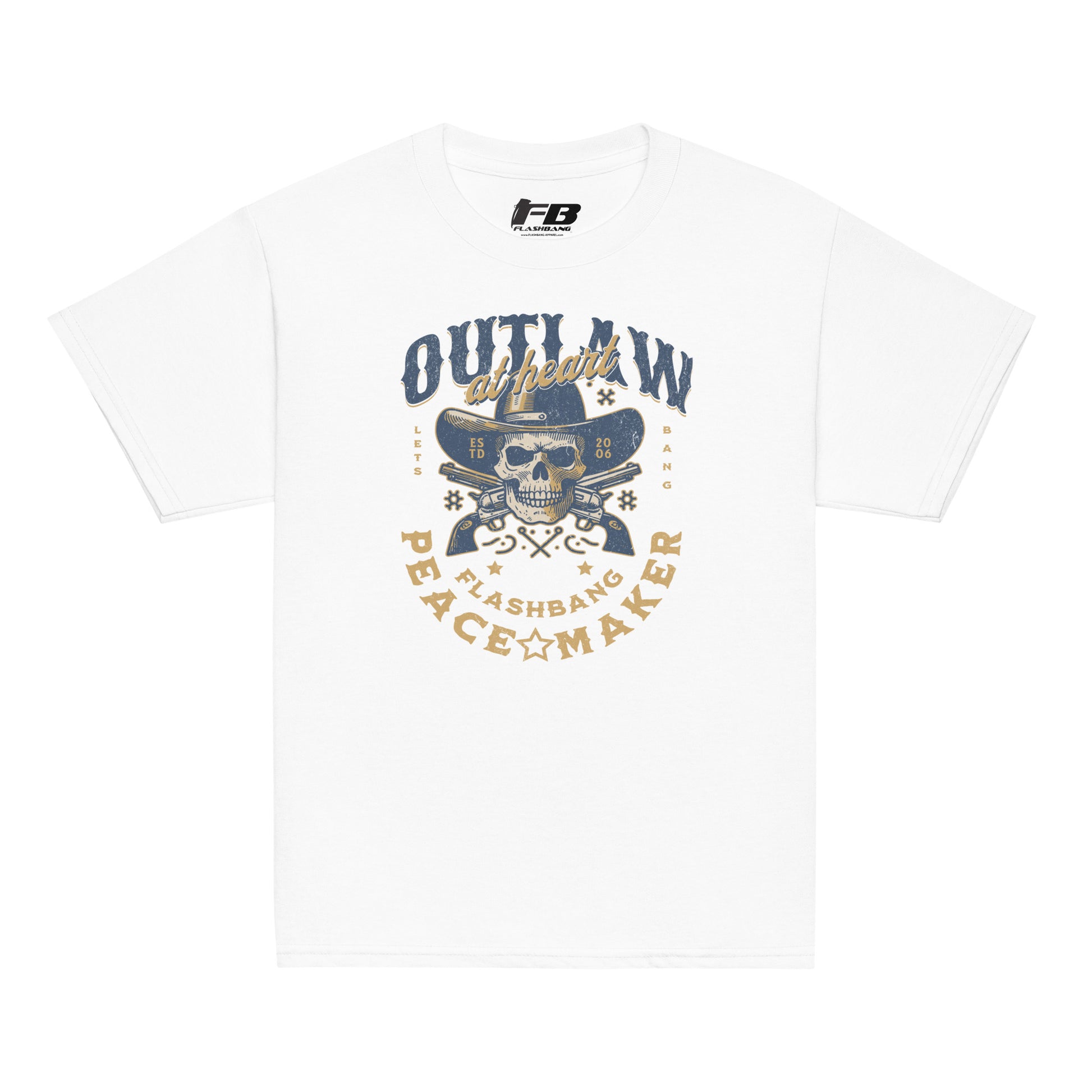 White t-shirt with skull and text design on a white background
