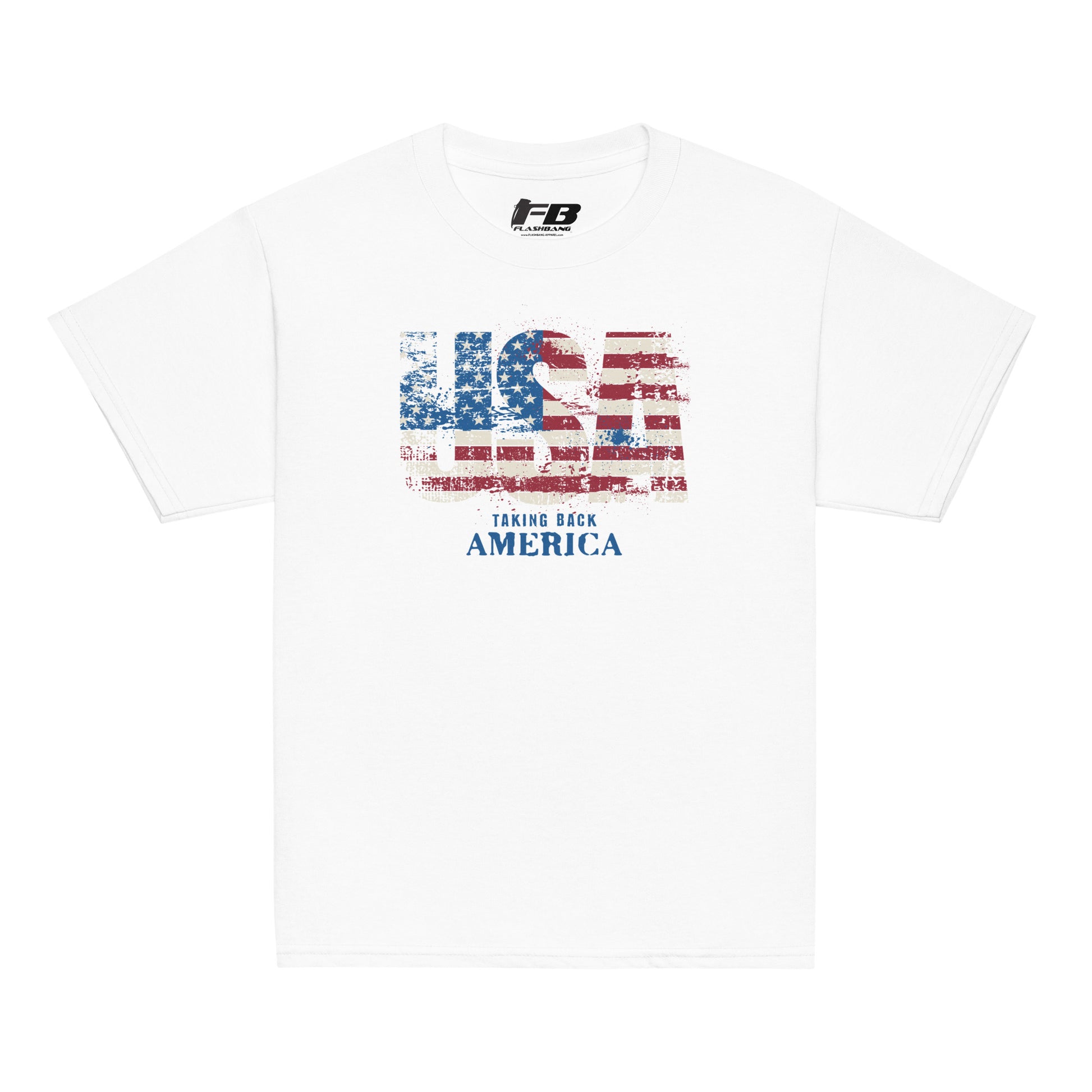 White t-shirt with American flag design and text on a white background