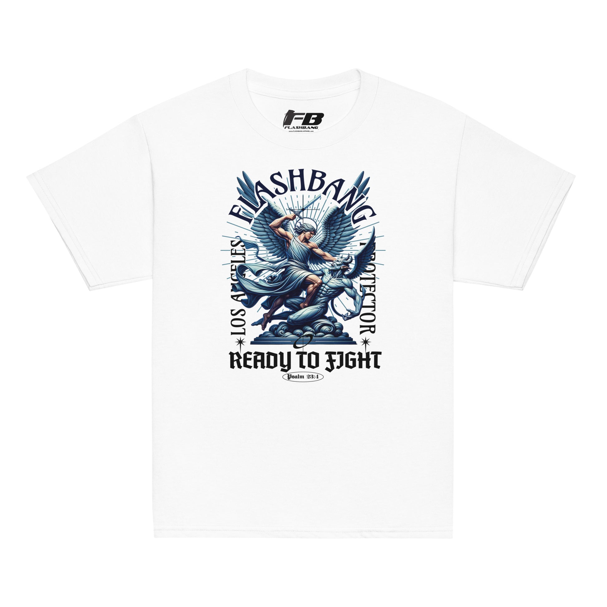 White t-shirt with graphic design featuring an angel and text on a white background