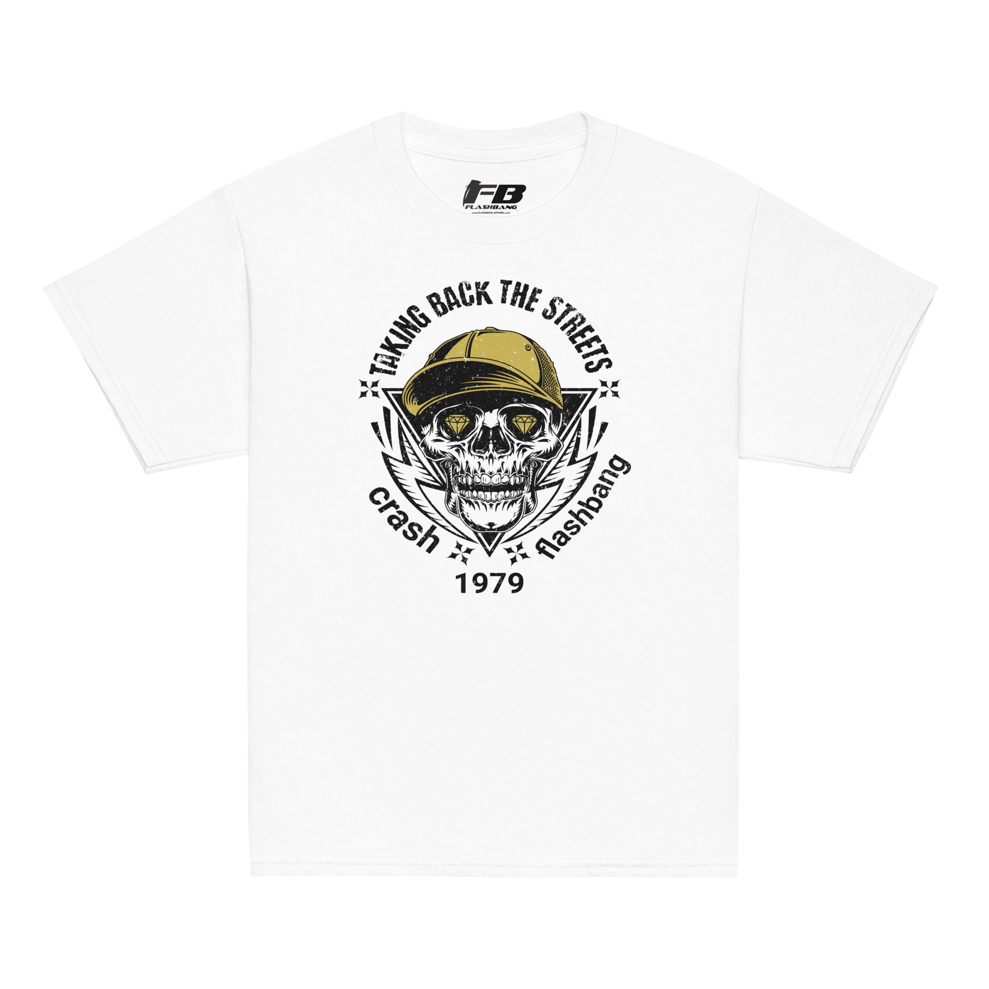 White t-shirt with a graphic design featuring a skull and text on a white background