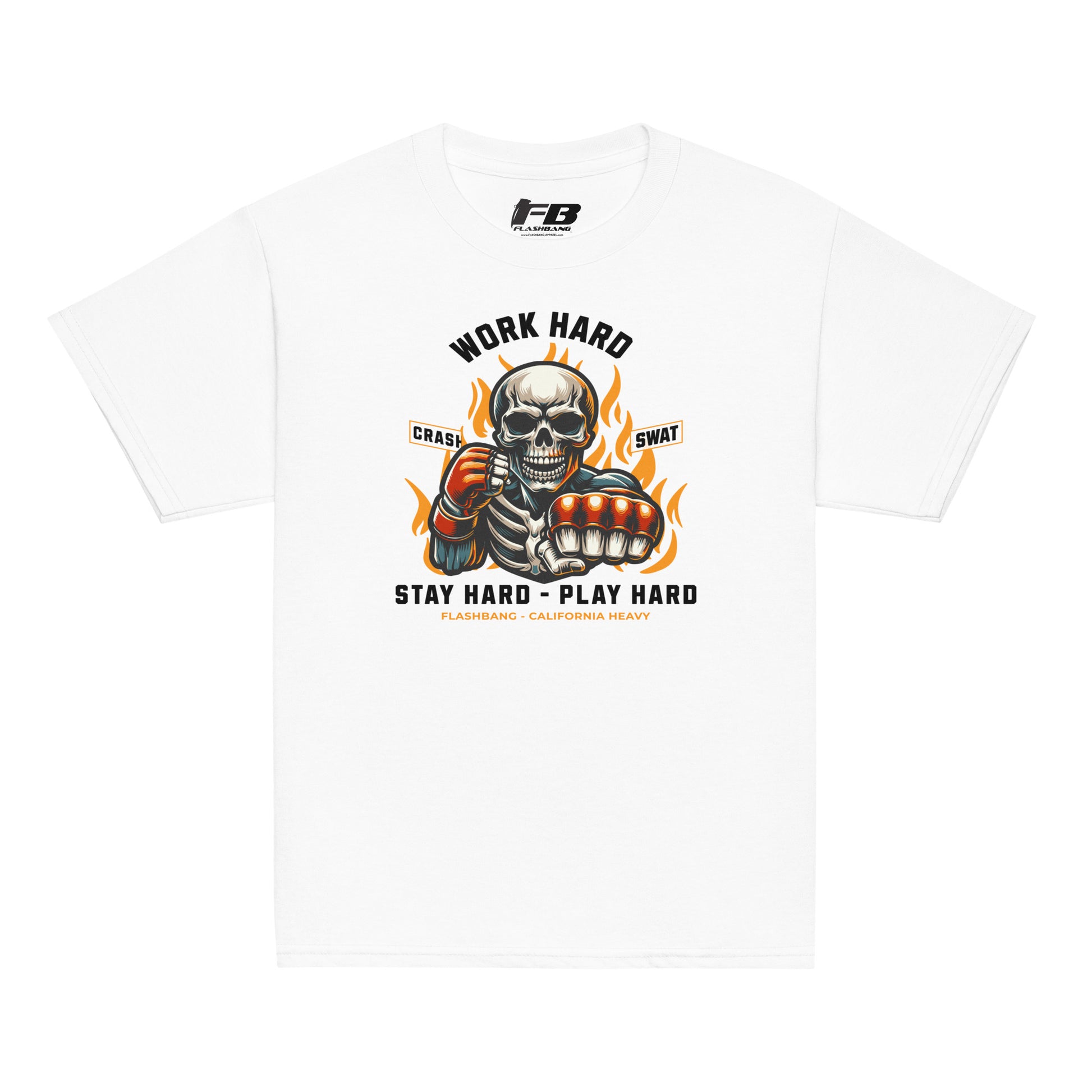 White t-shirt with a graphic design featuring a skull and text on a white background