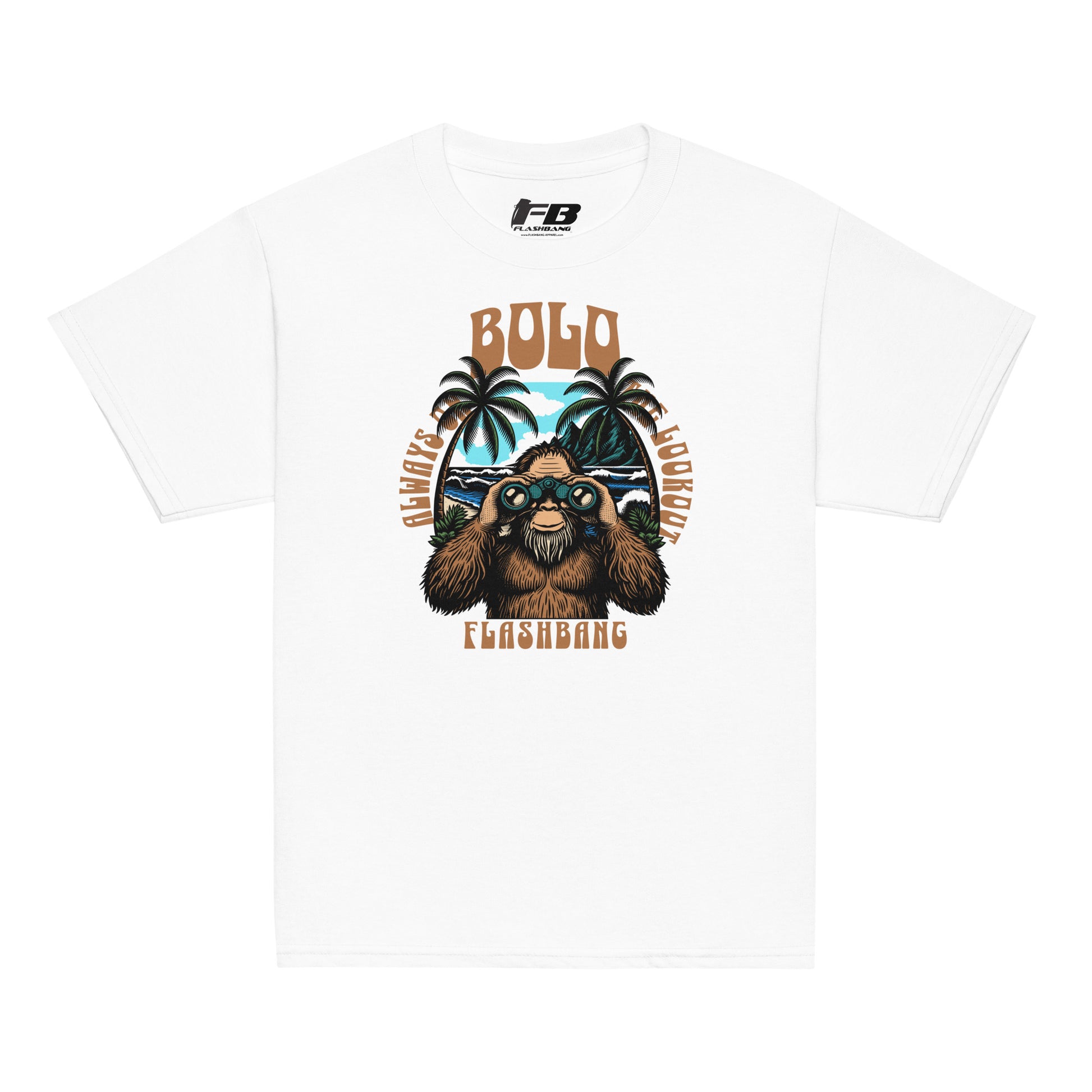 White t-shirt with a sloth graphic and text on a white background