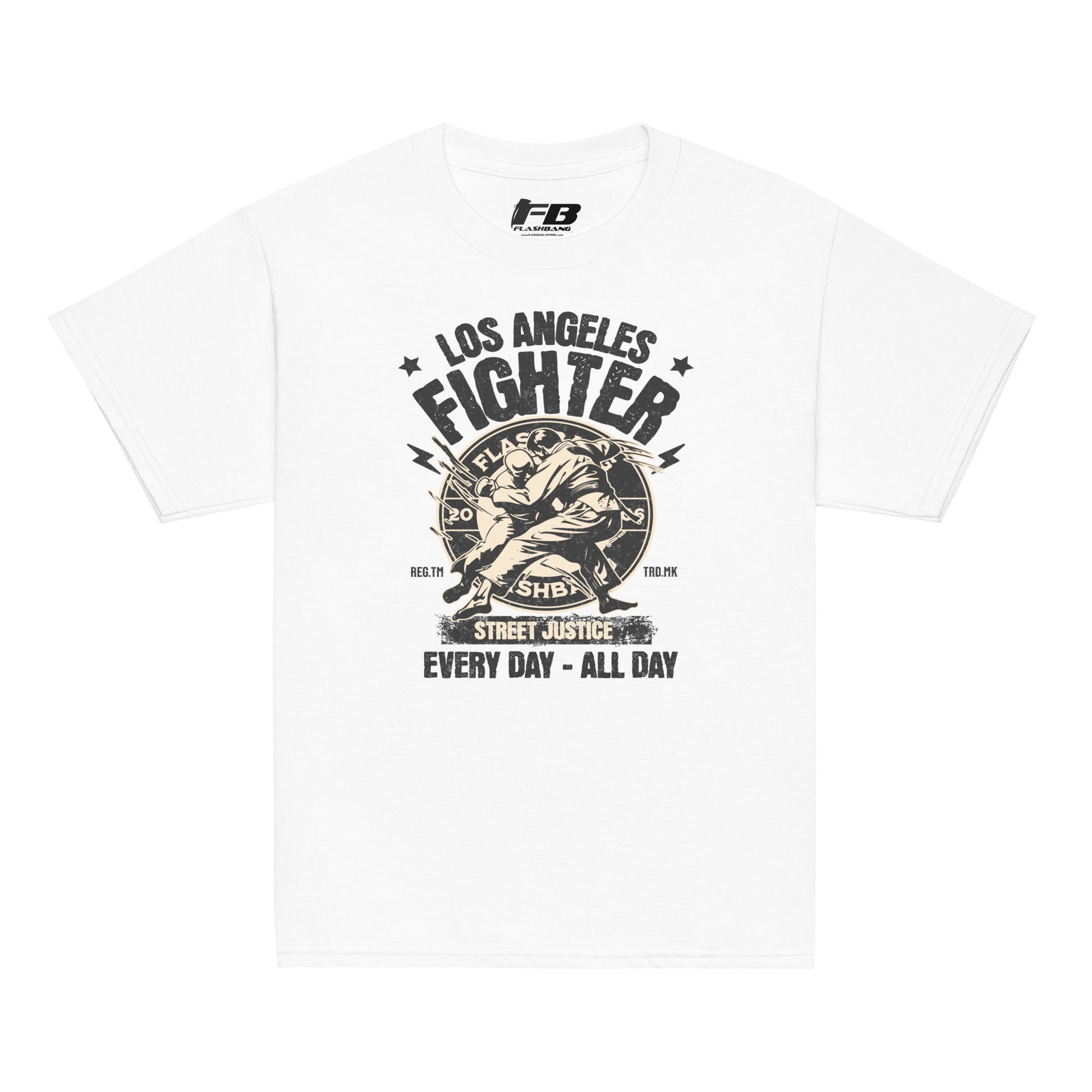 White t-shirt with 'Los Angeles Fighter' graphic design on a white background