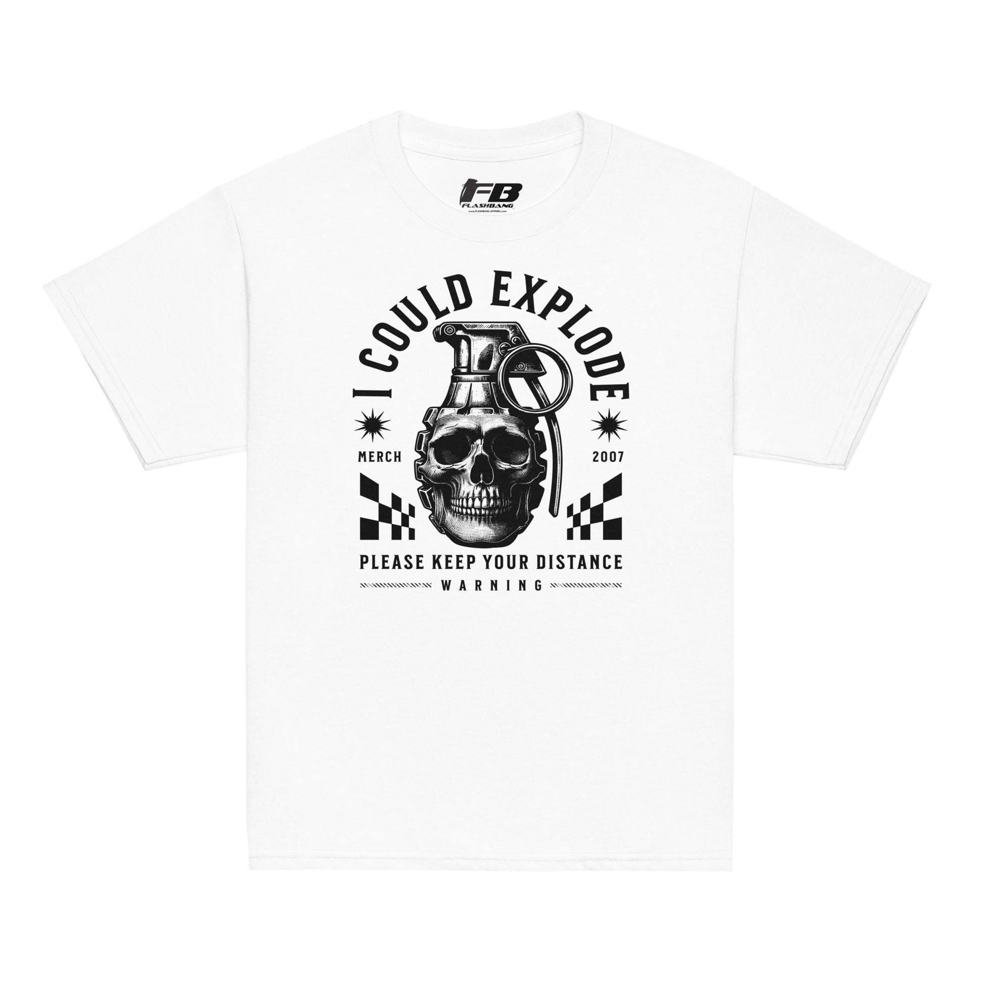 White t-shirt with black graphic design featuring a skull and grenade on a white background