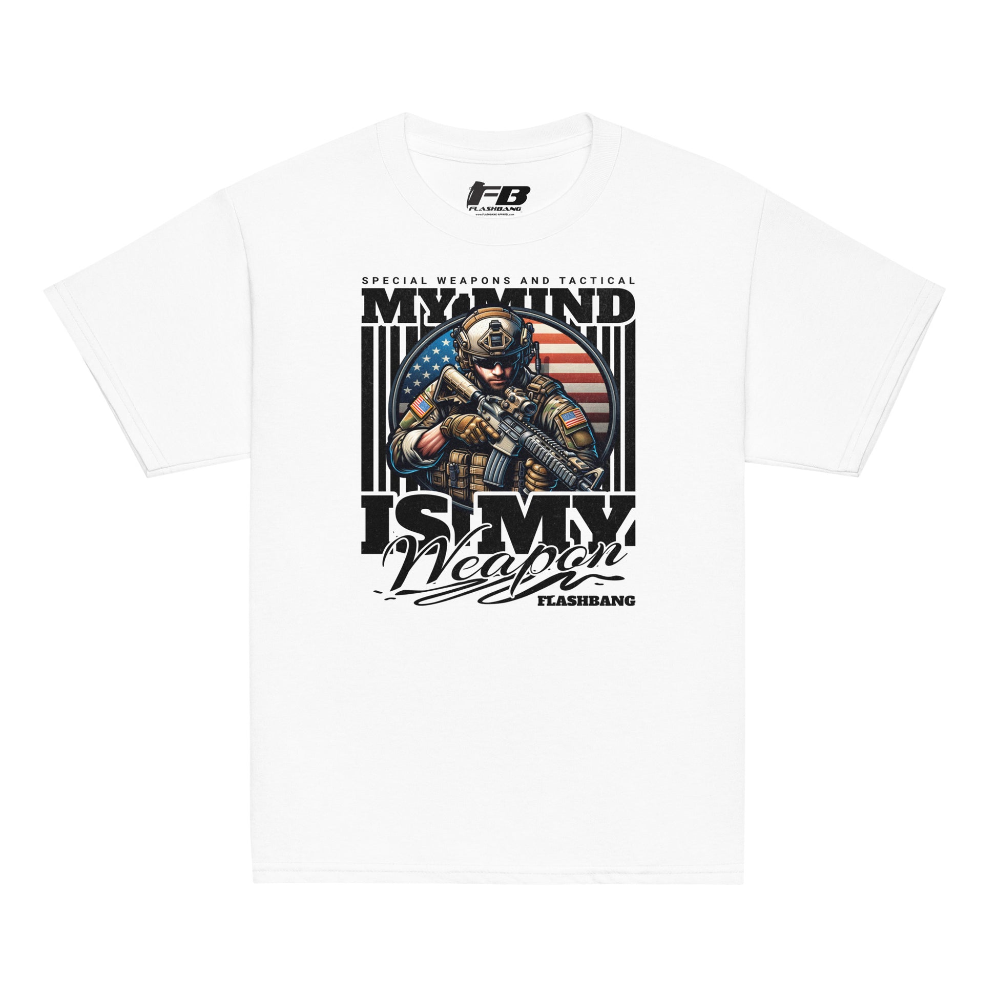 White t-shirt with graphic design featuring a soldier and text on a white background
