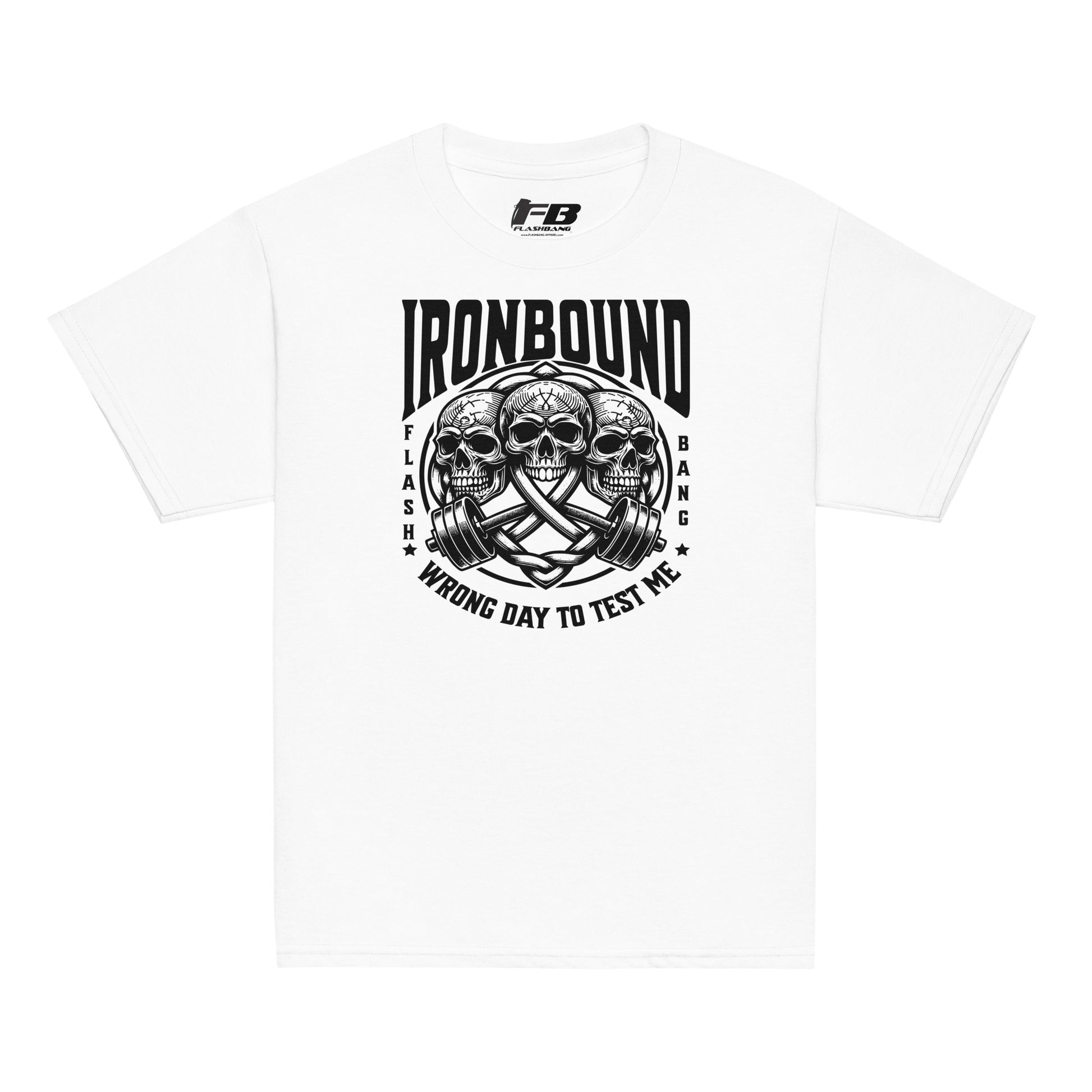 White t-shirt with black graphic design and text on a white background