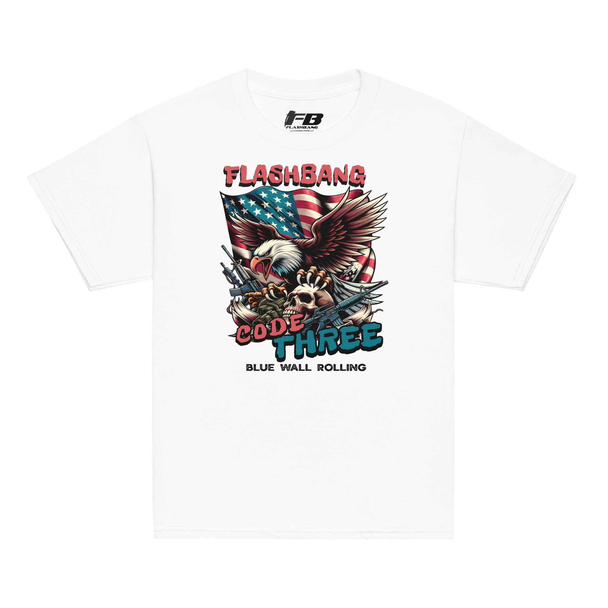 White t-shirt with 'Flashbang Code Three' graphic design featuring an eagle and American flag on a white background.
