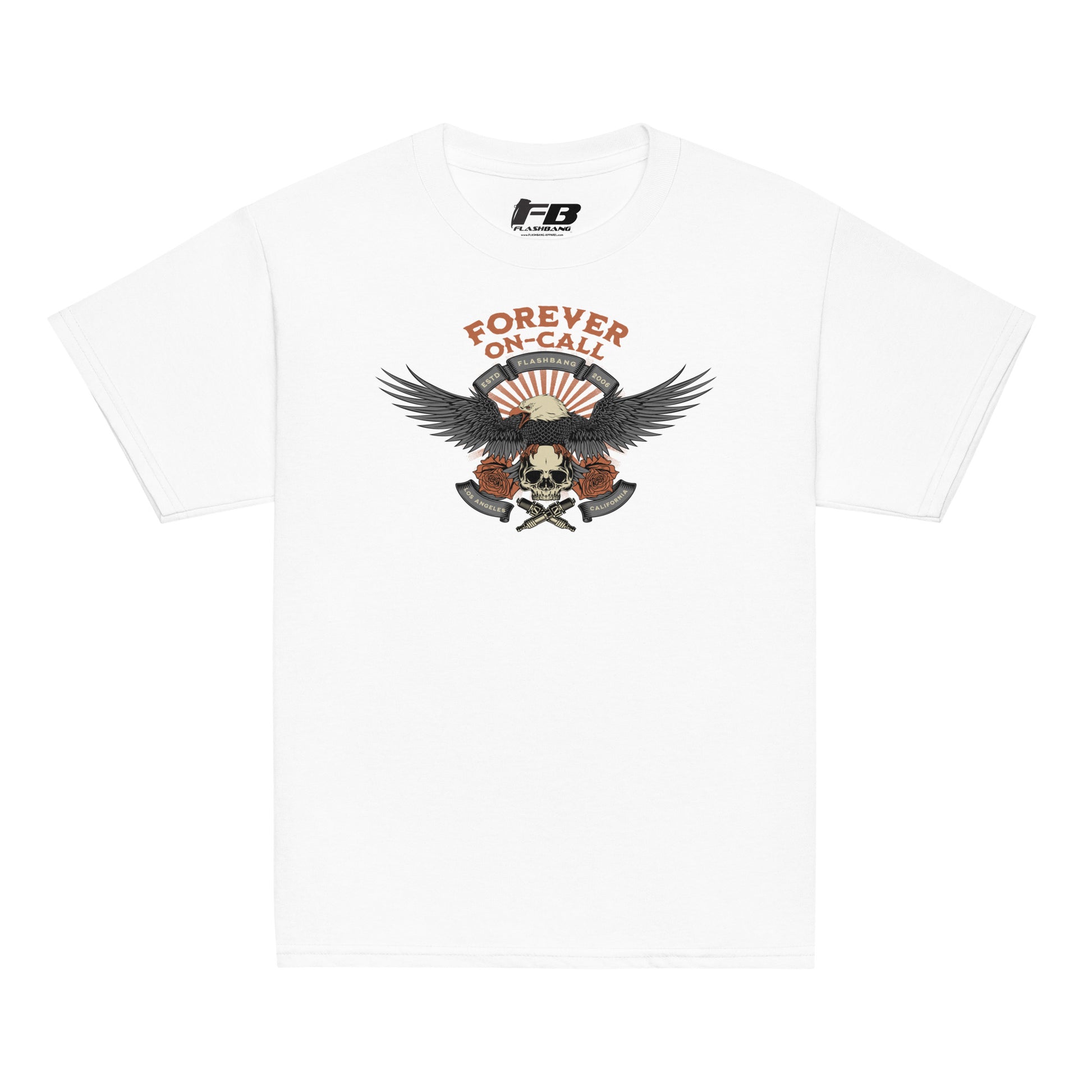 White t-shirt with a graphic design featuring an eagle, skull, and text on a white background