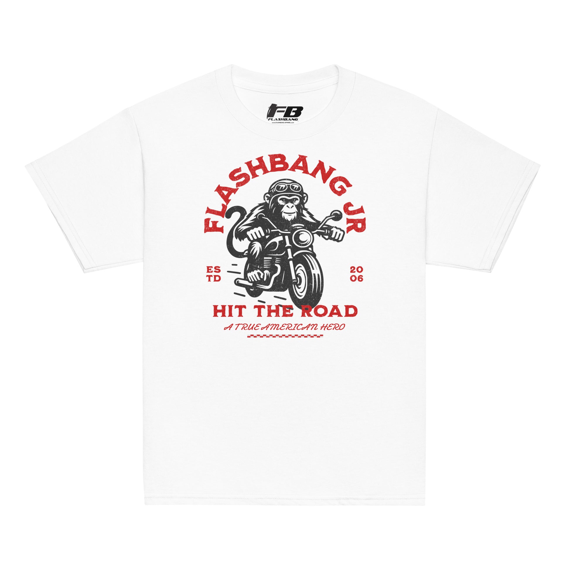 White t-shirt with a graphic design of a monkey on a motorcycle and text 'Flashbang Jr. Hit the Road' on a white background.
