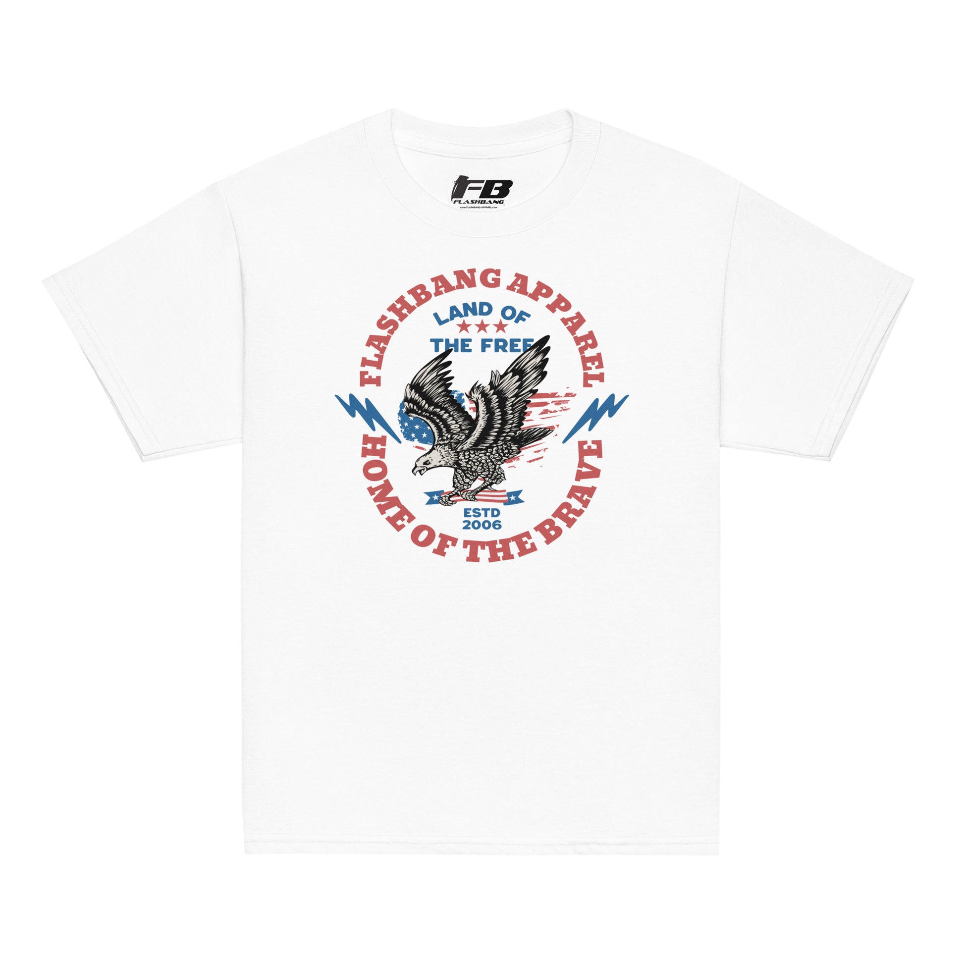 White t-shirt with eagle graphic and text on a white background