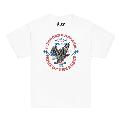 White t-shirt with eagle graphic and text on a white background